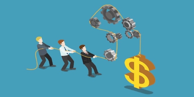 A group of men pulling a dollar sign AI-generated content may be incorrect.